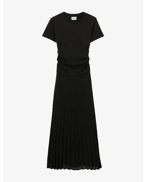Claudie Pierlot Pleated Semi-Sheer Jersey Midi Dress - Black