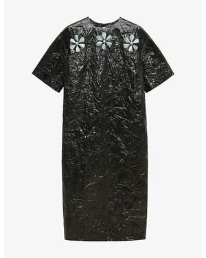Marni 3D Daisy-Embellished Crinkled-Taffeta Midi Dress - Black