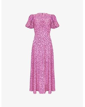 Ro&zo Ditsy-Pattern Puff-Sleeved Woven Midi Dress - Pink