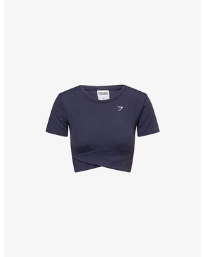 GYMSHARK Cross-Over Cropped Stretch-Woven Top - Blue