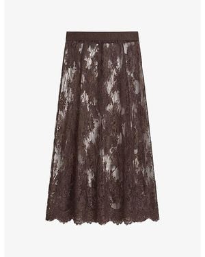 AllSaints Arran High-Rise Lace-Embroidered Woven Midi Skirt - Brown