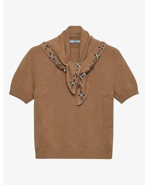 Prada Embroidered-Scarf Short-Sleeve Cashmere Jumper - Brown