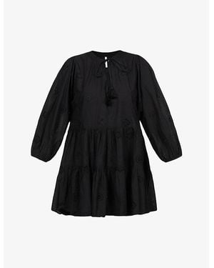 Seafolly Embroidered Puff-Sleeves Cotton Mini Dress - Black