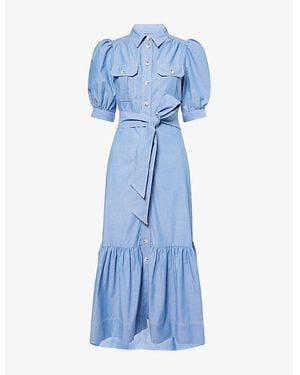 ME+EM Chambray Puff-Sleeve Belted Cotton Midi Dress - Blue