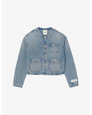 Sandro Round-Neck Patch-Pocket Denim Jacket - Blue