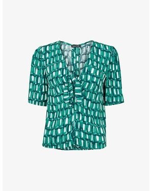 Whistles Linked Smudge Tie-Front Woven Top - Green