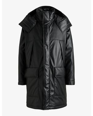 HUGO Embossed-Logo Longline Faux Leather-Down Jacket - Black