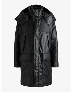 HUGO Embossed-Logo Longline Faux Leather-Down Jacket - Black