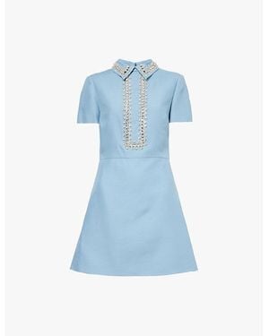 Valentino Garavani Crystal-Embellished Wool And Silk-Blend Twill Mini Dress - Blue