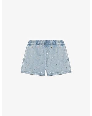 Maje Floral-Embellished Elasticated-Waist Denim Shorts - Blue