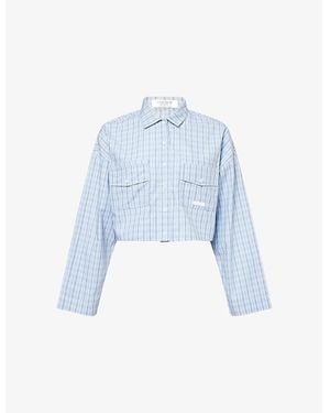 Lounge Underwear Check Cropped Cotton Shirt - Blue