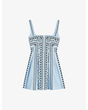Maje Bandana-Print Square-Neck Woven Mini Dress - Blue