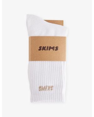 Skims Logo-Print Ribbed Pack Of Three Cotton-Blend Crew Socks - White
