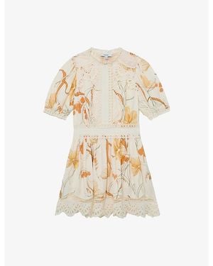 Reiss Lacey Floral-Print Woven Mini Dress - Natural