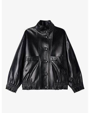 Sandro Oversized High-Neck Leather Jacket - Black