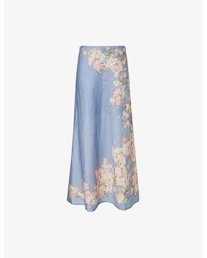 Zimmermann Cascadian Bias Floral Linen Midi Skirt - Blue