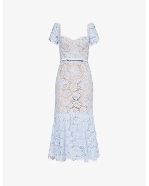 Self-Portrait Corset-Bodice Short-Sleeve Lace Midi Dress - Blue