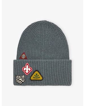 DIESEL Logo-Patches Ribbed Wool Beanie - Gray