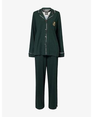 Ralph Lauren Logo-Embroidery Long-Sleeve Cotton-Jersey Pajama Set - Green