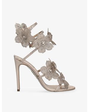 Rene Caovilla Flower Cleo 105 Satin Heeled Sandals - Gray