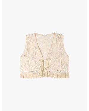 Sandro Floral Tie-Front Lace Top - Natural