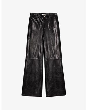 Sandro Flared-Leg High-Rise Leather Trousers - Black