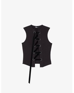 The Kooples Round-Neck Lace-Up Sleeveless Stretch-Woven Top - Black