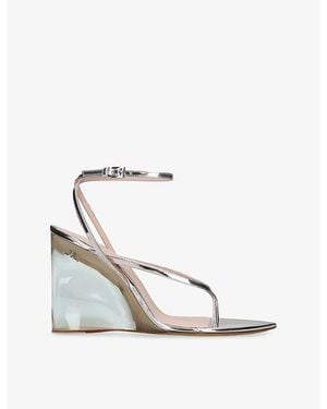 Alaïa Invisible Tong 90 Metallic Leather Wedge Heels - White