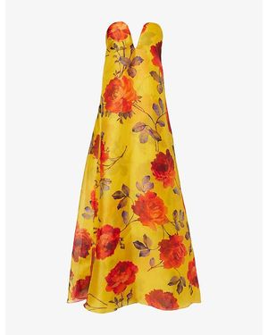Carolina Herrera Rose-Print Deep-V Silk Gown - Yellow