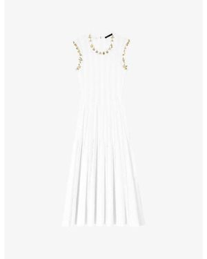 Maje Sleeveless Charm-Embellished Stretch Cotton-Blend Midi Dress - White