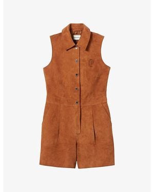Claudie Pierlot Sleeveless Brand-Embroidered Suede Playsuit - Brown