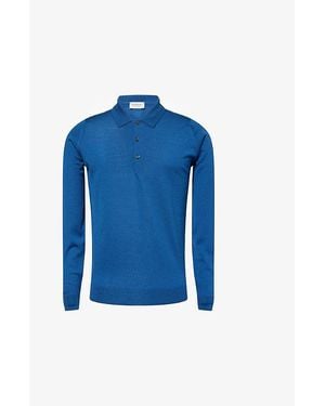 John Smedley Ribbed-Trim Elasticated-Hem Wool Polo Shirt - Blue
