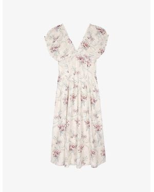 The Kooples Floral-Print V-Neck Stretch-Woven Midi Dress - White