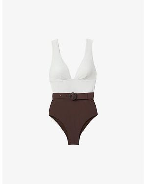 Reiss Lola Belted-Waist Colour-Block Stretch-Woven Swimsuit - White