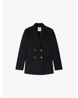 Sandro Double-Breasted Peak-Lapel Wool Blazer - Black