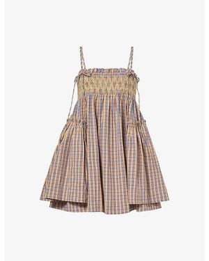 Damson Madder Lilo Check Cotton Mini Dress - Brown