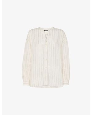 Whistles Striped V-Neck Long-Sleeve Linen-Blend Blouse - White