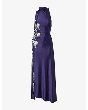 Rabanne Floral-Embroidered Jersey Maxi Dress - Purple