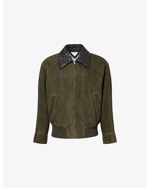 Bottega Veneta Woven-Collar Long-Sleeve Suede Jacket - Green