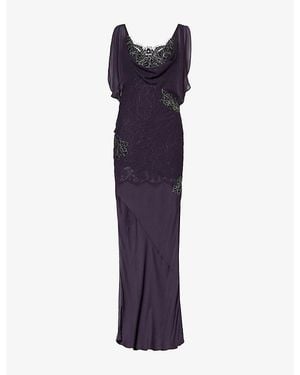 De La Vali Emerald Embellished Sheer Maxi Dress - Purple