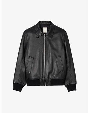 Sandro Oversized-Collar Relaxed-Fit Leather Jacket in Brown