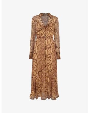 Whistles Serpent Graphic-Print Long-Sleeve Woven Midi Dress - Brown