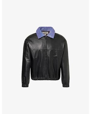 Kartik Research Kantha Contrast-Collar Leather Jacket - Black