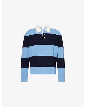 Soft Goat Striped Knitted Cashmere Polo Jumper - Blue