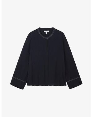 The White Company Round-Neck Contrast-Stitch Woven Shirt - Blue