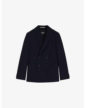 BOSS Double-Breasted Notched-Lapel Cotton-Wool Blend Blazer - Blue