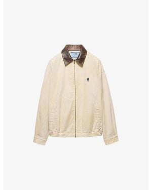 Prada Leather-Collar Cotton-Gabardine Blouson Jacket - Natural