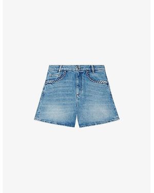 Maje Braided-Trim Faded-Wash Denim Shorts - Blue