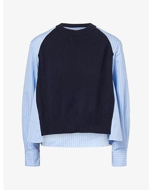 Sacai Striped Contrasting-Panel Cotton Jumper - Blue