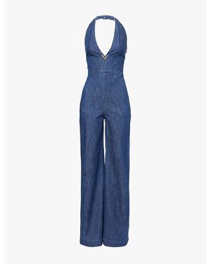 Valentino Garavani Medium Denim Plunge-Neck Flared-Leg Chambray Denim Jumpsuit - Blue